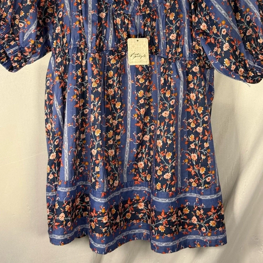 Free People Blue Floral Square-Neck Peasant Top